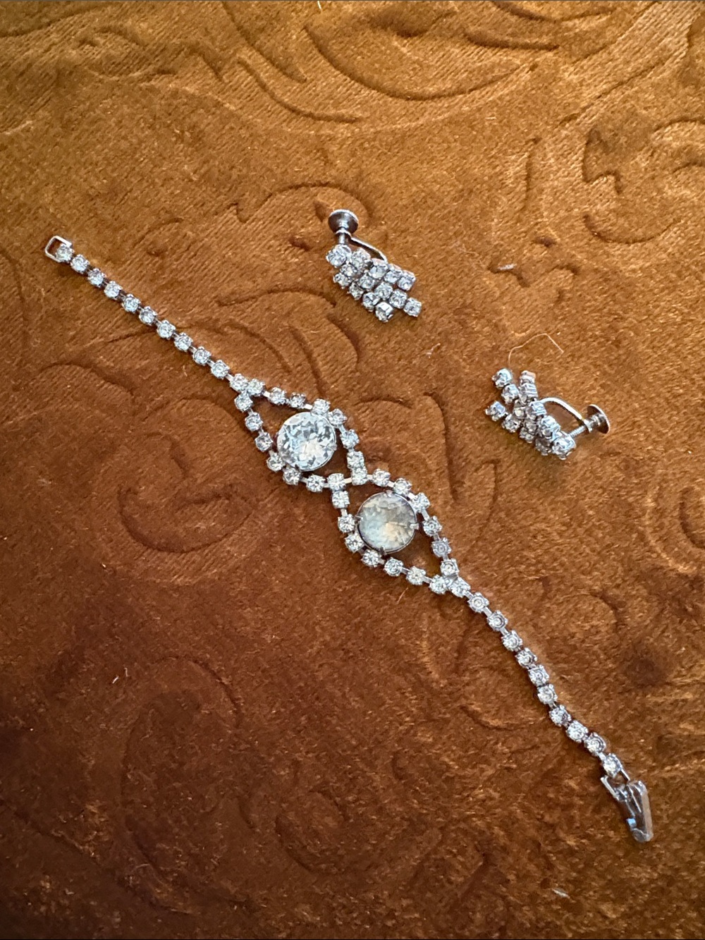 Vintage, Elegant Silver-Tone Crystal Bracelet & Clip-On Earrings Set